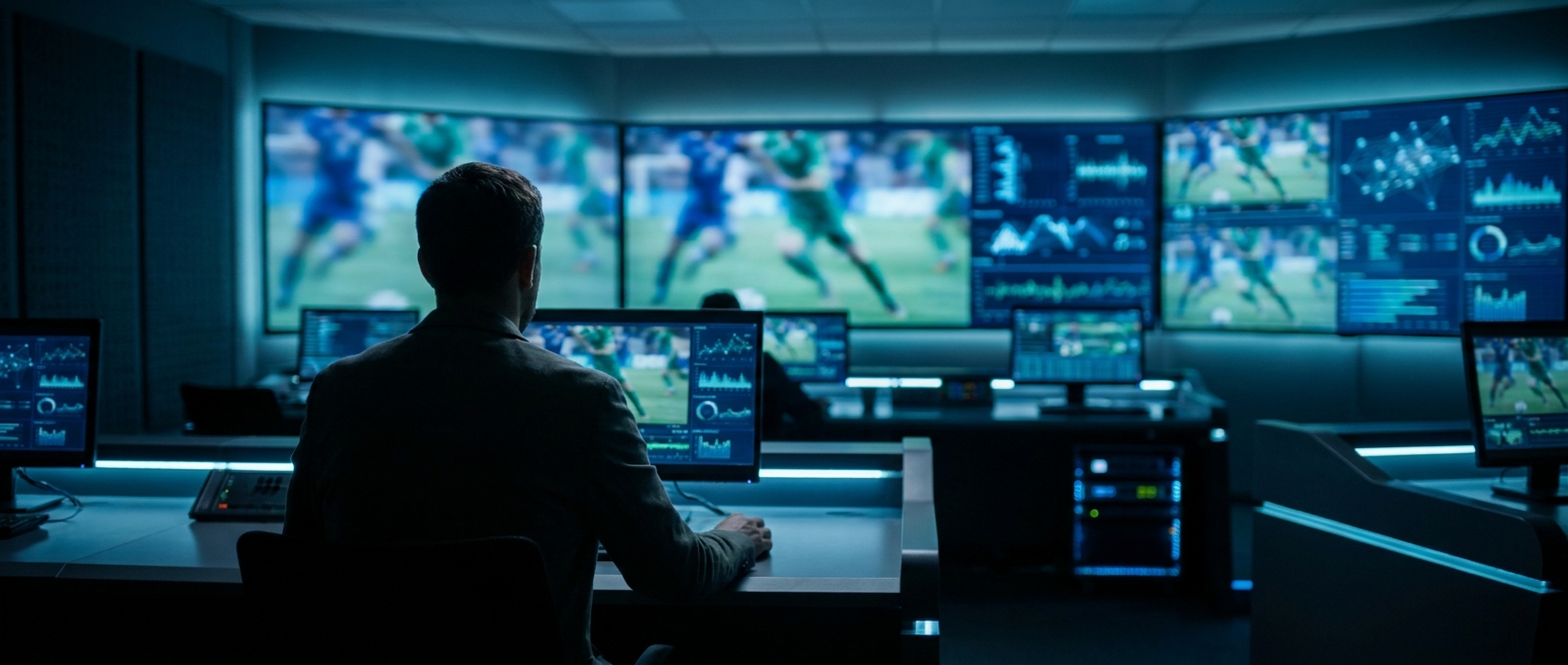 Monitoring operations centre with a wall of screens showing live sports feeds and analytics