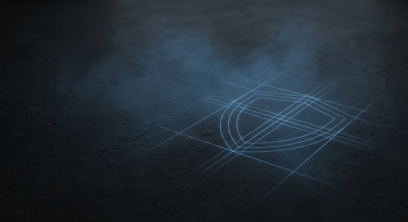 Abstract illustration of a shield formed from fine blue light lines on a dark surface