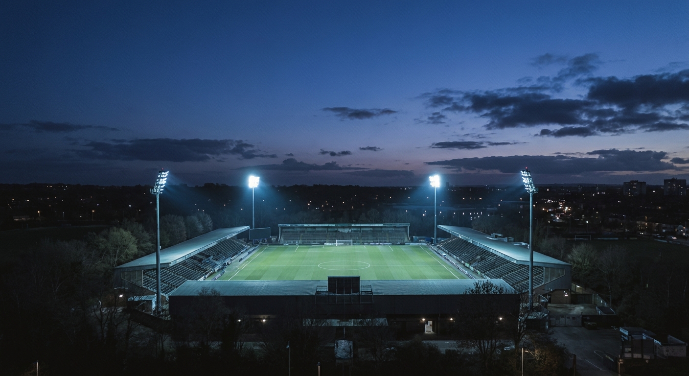 Floodlit stadium at dusk viewed from a distance